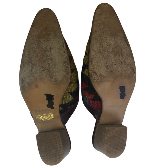Kilim Art 100% Red Blue Aztec Wool Tapestry & Leather Slide Mule Shoes Women's 6 - Picture 7 of 7